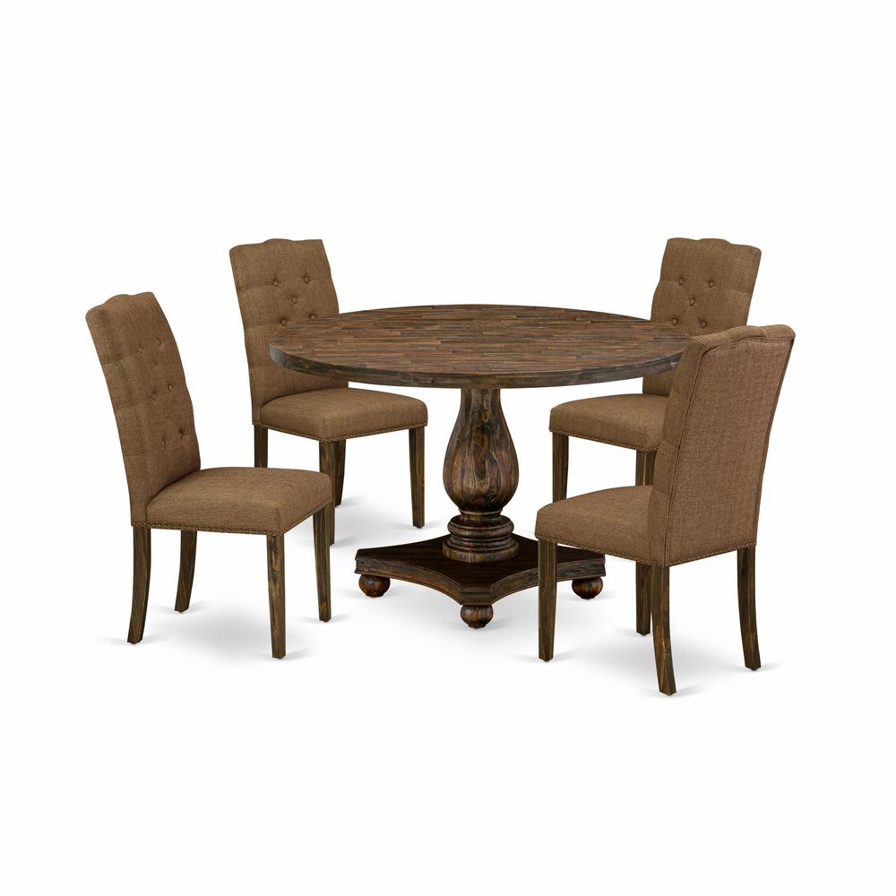 East West Furniture 5 Piece Modern Dining Table Set Includes a Modern Kitchen Table and 4 Brown Linen Fabric Dining Chairs with Button Tufted Back - Distressed Jacobean Finish. Picture 2