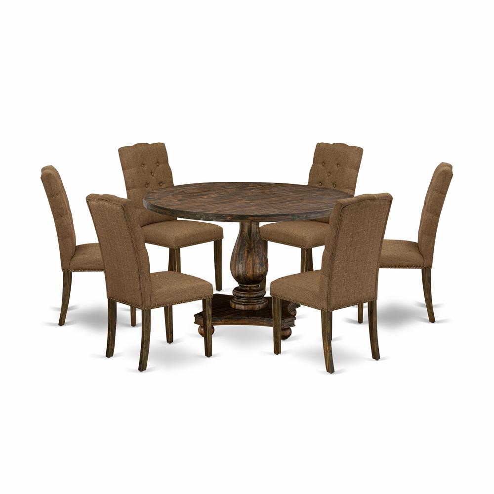 East West Furniture 7 Piece Dining Room Set Contains a Dining Table and 6 Brown Linen Fabric Parson Chairs with Button Tufted Back - Distressed Jacobean Finish. Picture 2