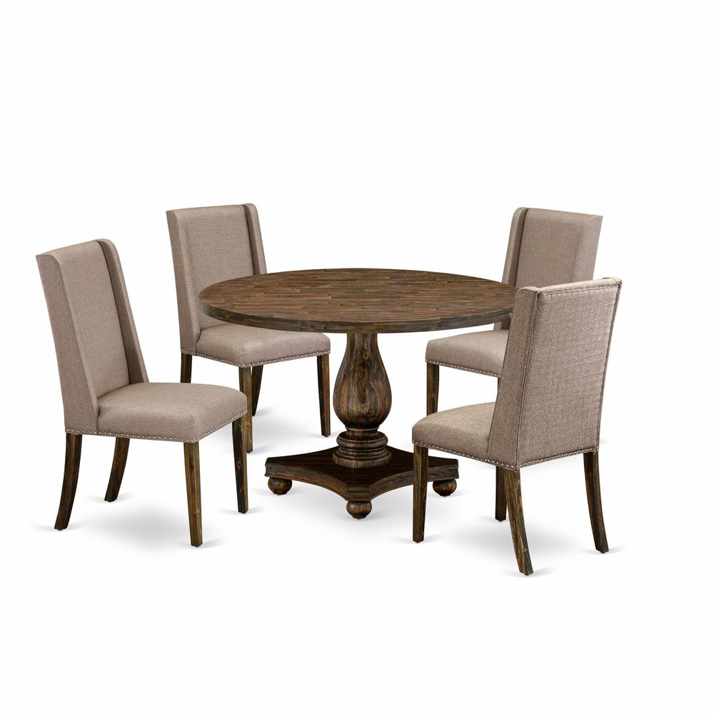 East West Furniture 5 Piece Mid Century Modern Dining Set Contains a Modern Dining Table and 4 Dark Khaki Linen Fabric Dining Chairs with High Back - Distressed Jacobean Finish. Picture 2