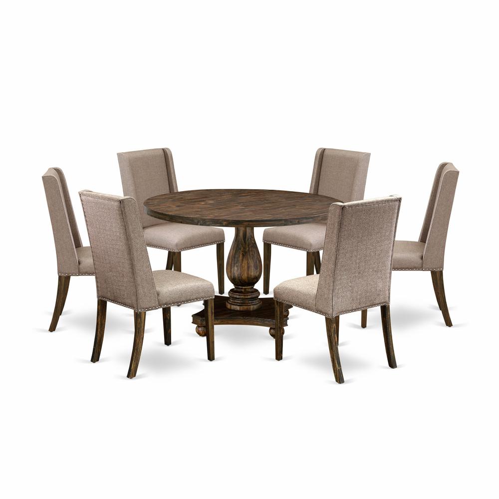 East West Furniture 7 Piece Dining Table Set Contains a Dining Table and 6 Dark Khaki Linen Fabric Dining Room Chairs with High Back - Distressed Jacobean Finish. Picture 2