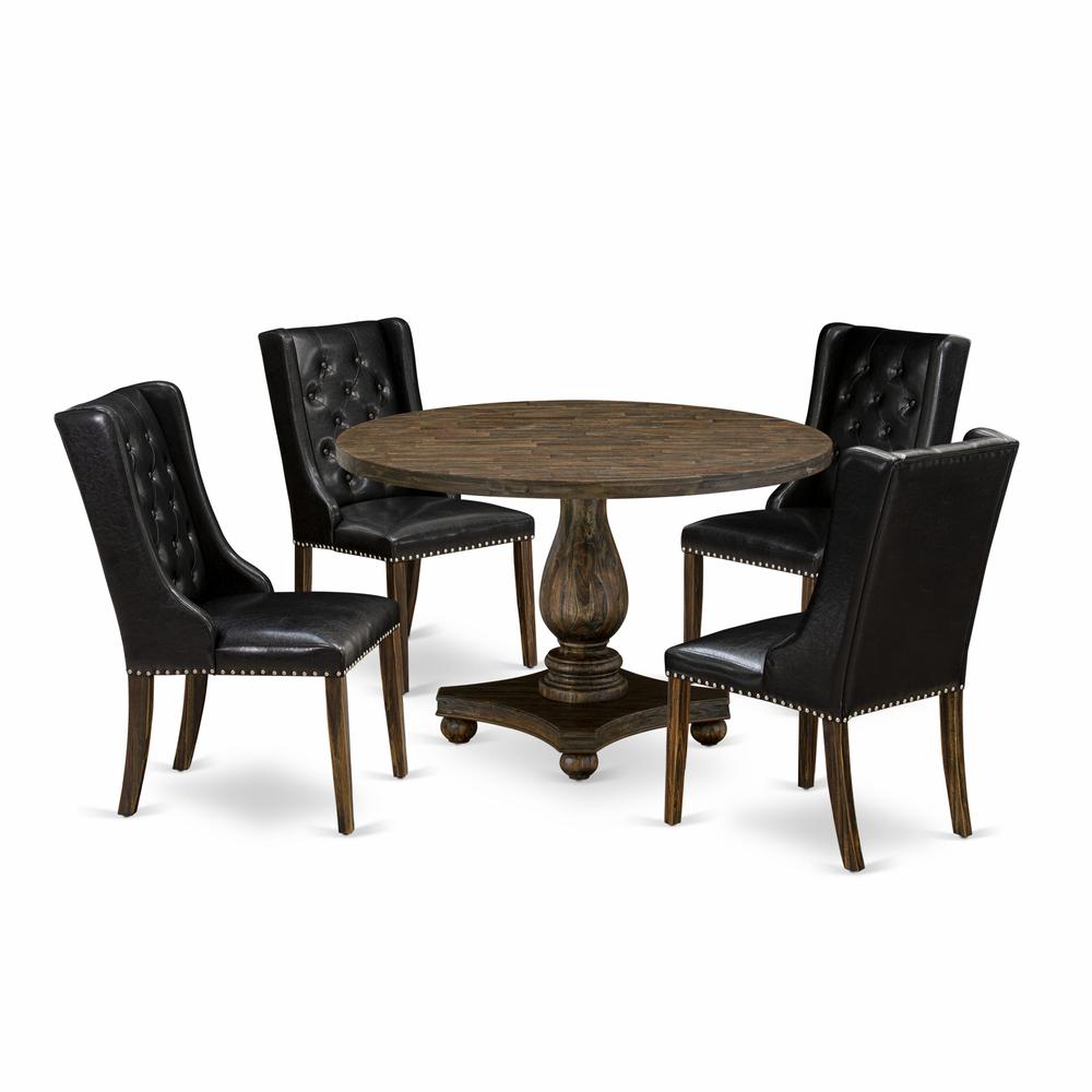 East West Furniture 5 Piece Mid Century Dining Set Includes a Wood Table and 4 Black PU Leather Upholstered Dining Chairs with Button Tufted Back - Distressed Jacobean Finish. Picture 2