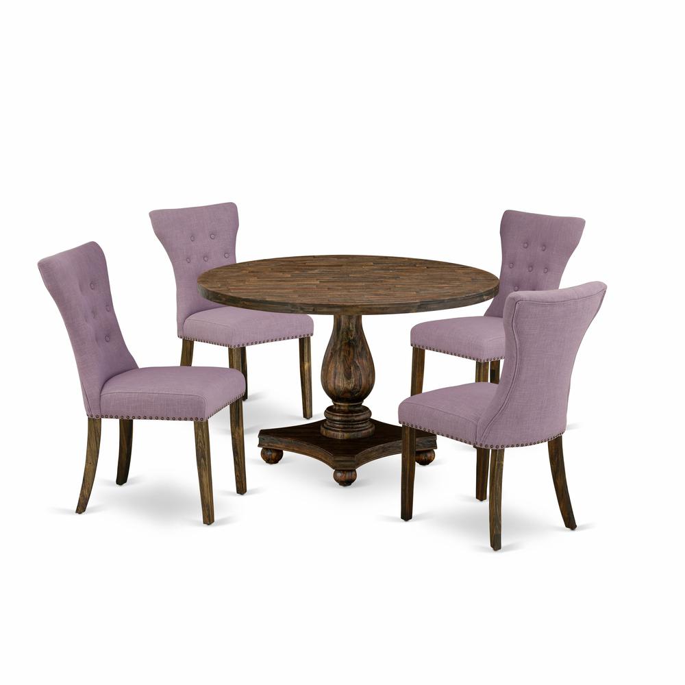 East West Furniture 5 Piece Kitchen Dining Table Set Contains a Modern Dining Table and 4 Dahlia Linen Fabric Modern Chairs with Button Tufted Back - Distressed Jacobean Finish. Picture 2
