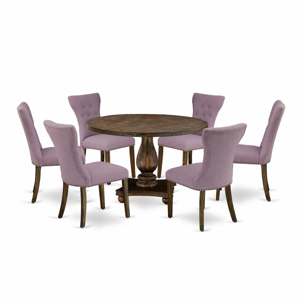 East West Furniture 7 Piece Dinner Table Set Consists of a Wood Table and 6 Dahlia Linen Fabric Kitchen Chairs with Button Tufted Back - Distressed Jacobean Finish. Picture 2