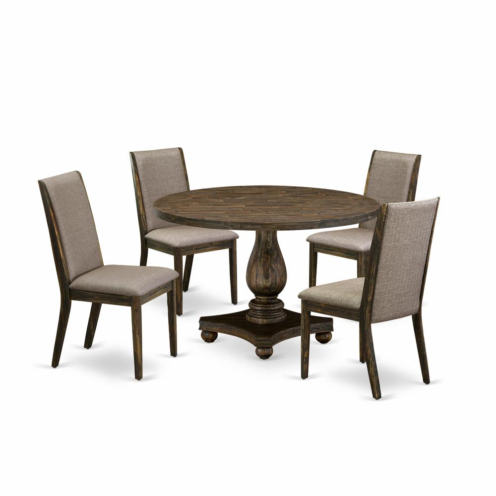 East West Furniture 5 Piece Dining Room Set Contains a Modern Kitchen Table and 4 Dark Khaki Linen Fabric Mid Century Dining Chairs with High Back - Distressed Jacobean Finish. Picture 2
