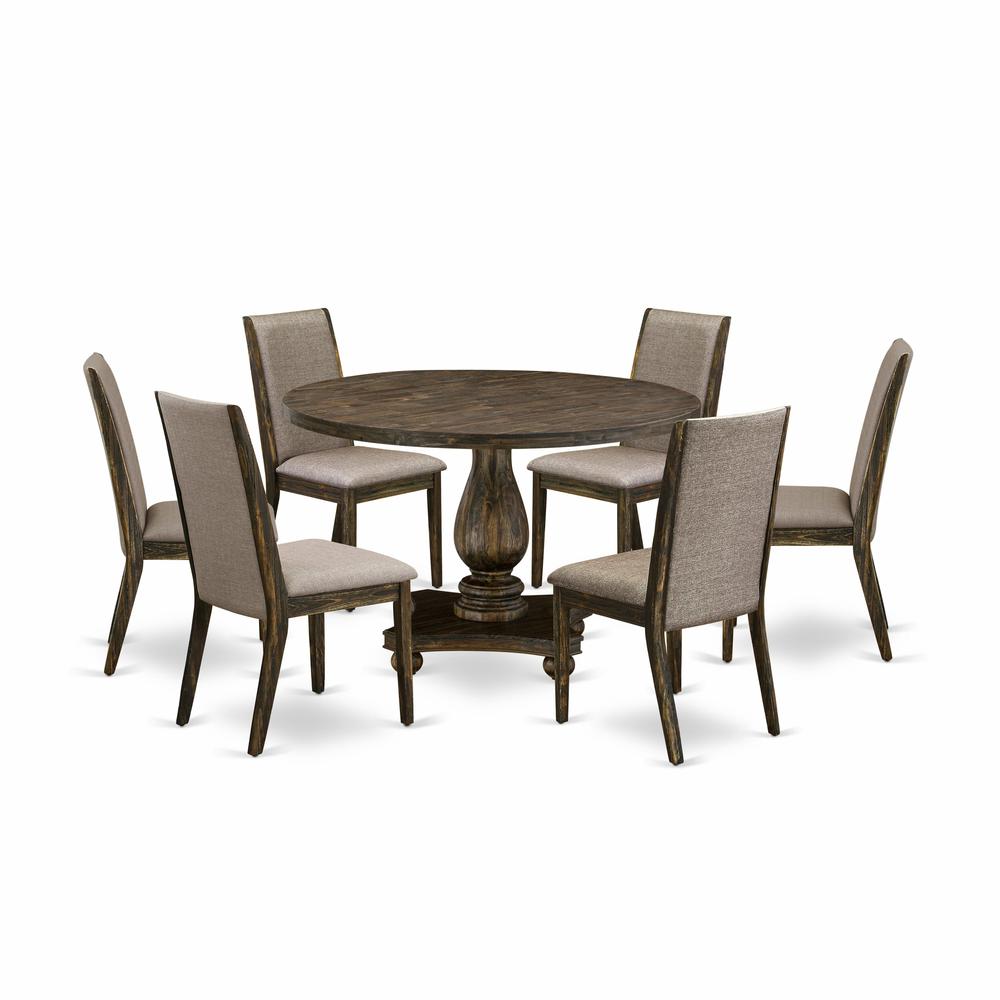 East West Furniture 7 Piece Dining Room Table Set Contains a Dining Table and 6 Dark Khaki Linen Fabric Upholstered Dining Chairs with High Back - Distressed Jacobean Finish. Picture 2