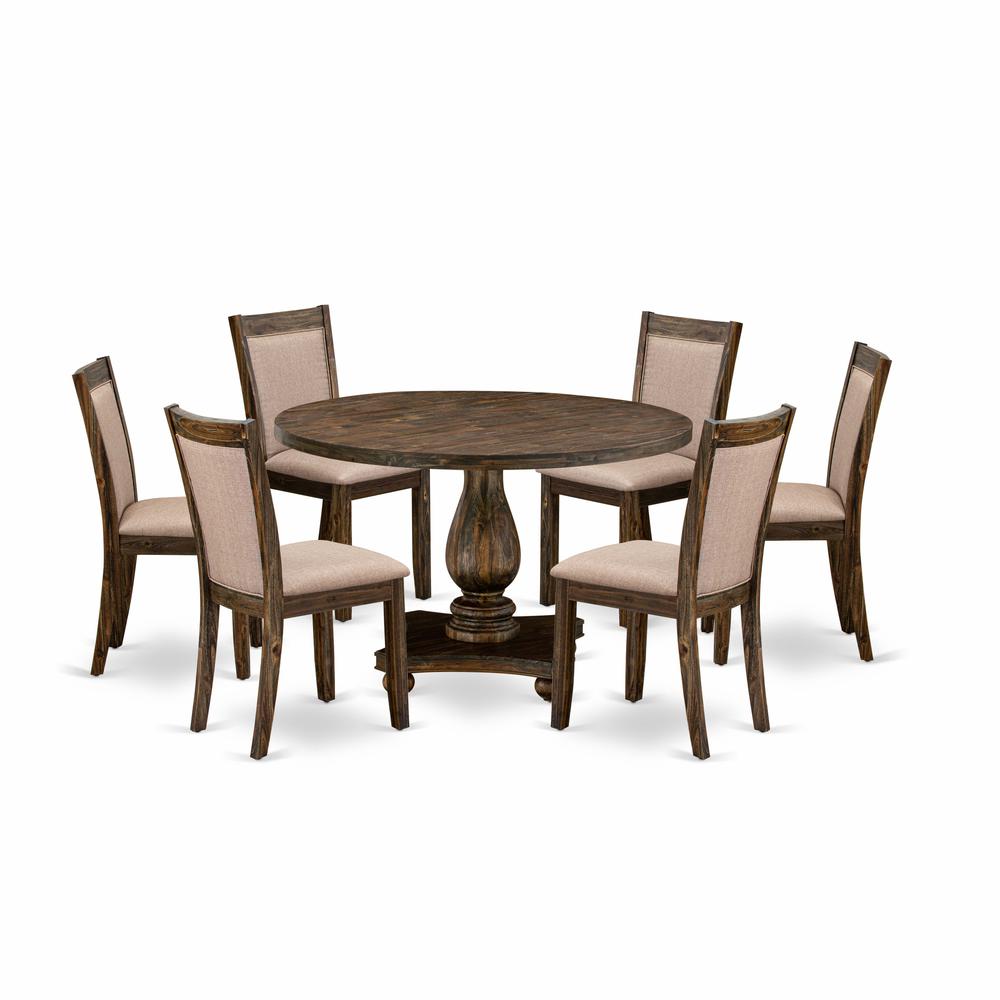East West Furniture 7 Piece Dining Room Set Includes a Mid Century Dining Table and 6 Dark Khaki Linen Fabric Parson Chairs with High Back - Distressed Jacobean Finish. Picture 2