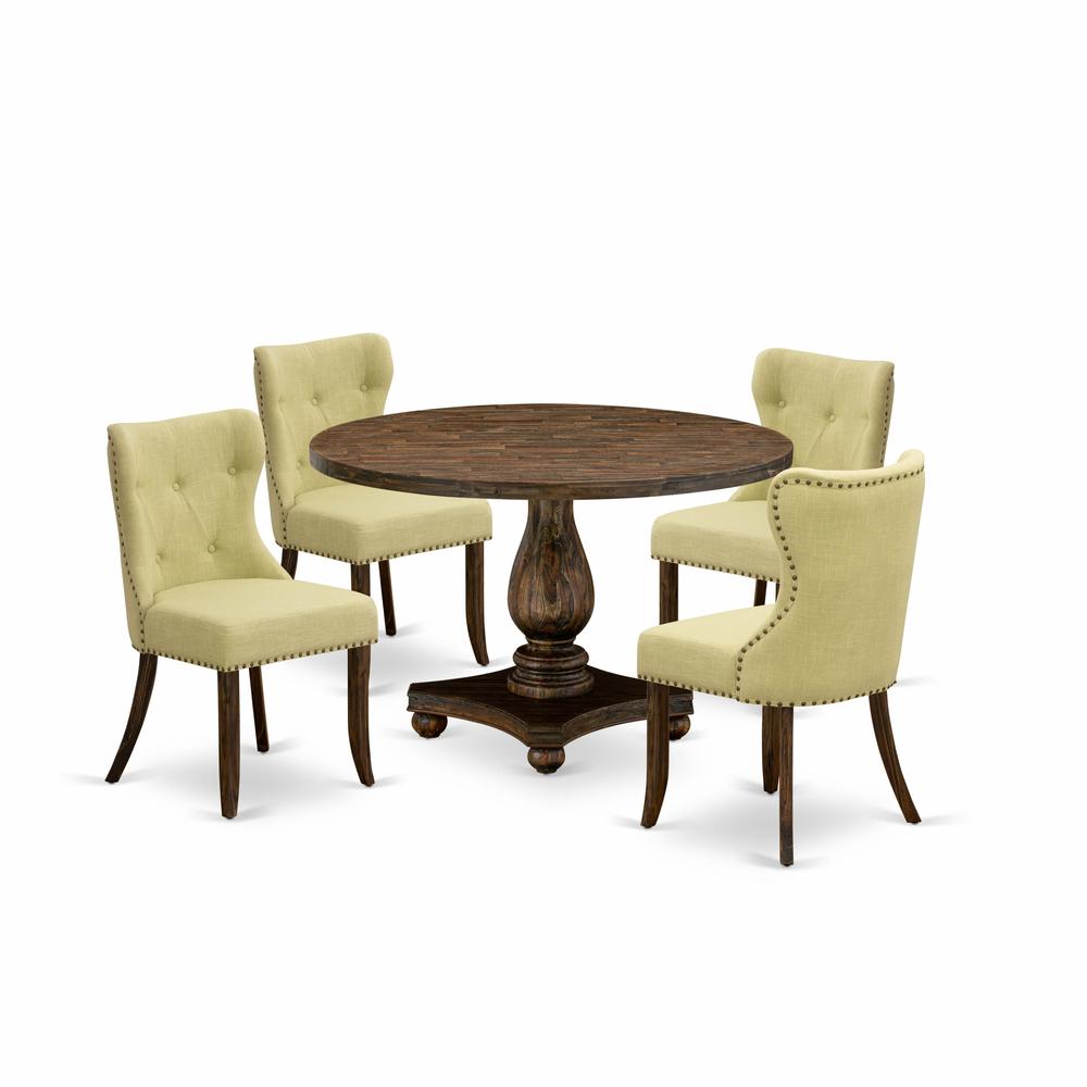 East West Furniture 5-Pc Mid Century Dining Set - Modern Kitchen Table and 4 Limelight Color Parson Chairs with Button Tufted Back - Distressed Jacobean Finish. Picture 2