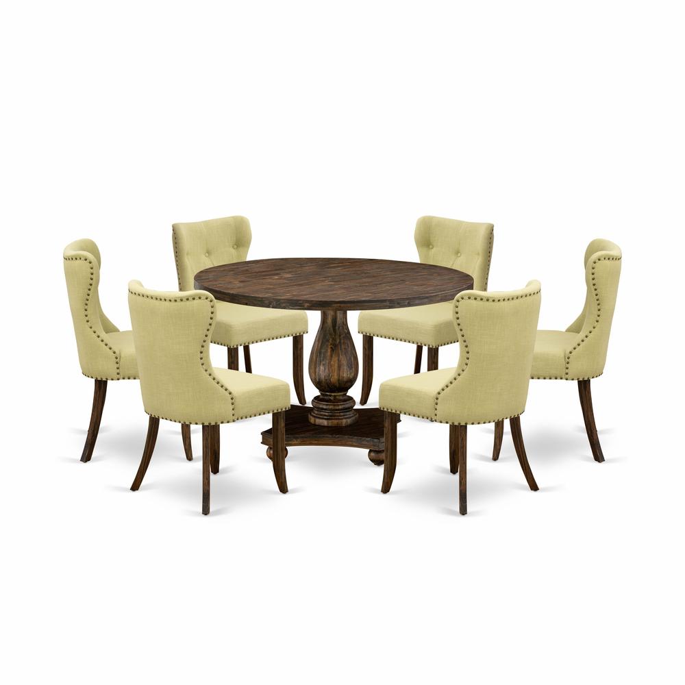 East West Furniture 7-Pc Dining Set - Wood Dining Table and 6 Limelight Color Parson Kitchen Chairs with Button Tufted Back - Distressed Jacobean Finish. Picture 2