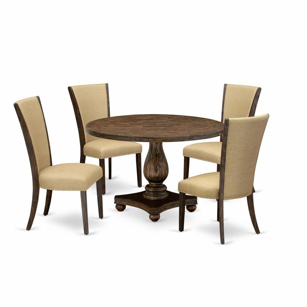 East West Furniture 5-Pc Dining Room Set - Round Dinner Table and 4 Brown Color Parson Dining Room Chairs with High Back - Distressed Jacobean Finish. Picture 2