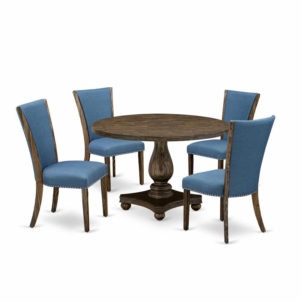 East West Furniture 5-Pc Dinette Set - Dining Table and 4 Blue Color Parson Modern Chairs with High Back - Distressed Jacobean Finish. Picture 2