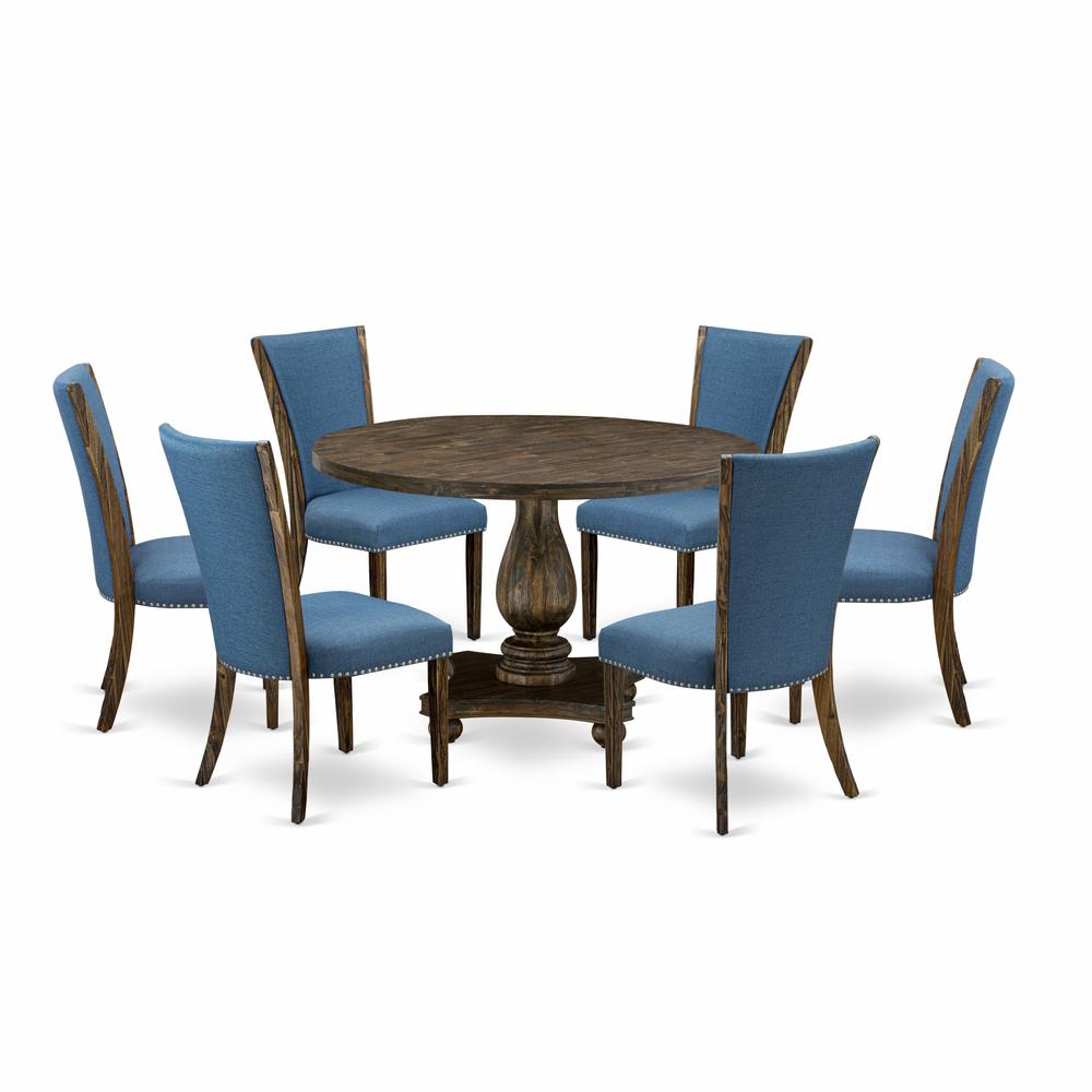 East West Furniture 7-Piece Dining Table Set - Dining Room Table and 6 Blue Color Parson Modern Kitchen Chairs with High Back - Distressed Jacobean Finish. Picture 2