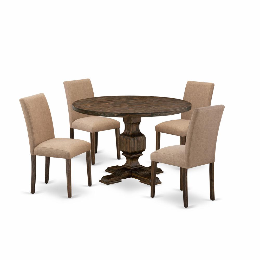 East West Furniture 5 Piece Mid Century Modern Dining Set Includes a Dining Table and 4 Light Sable Linen Fabric Dining Chairs with High Back - Distressed Jacobean Finish. Picture 2