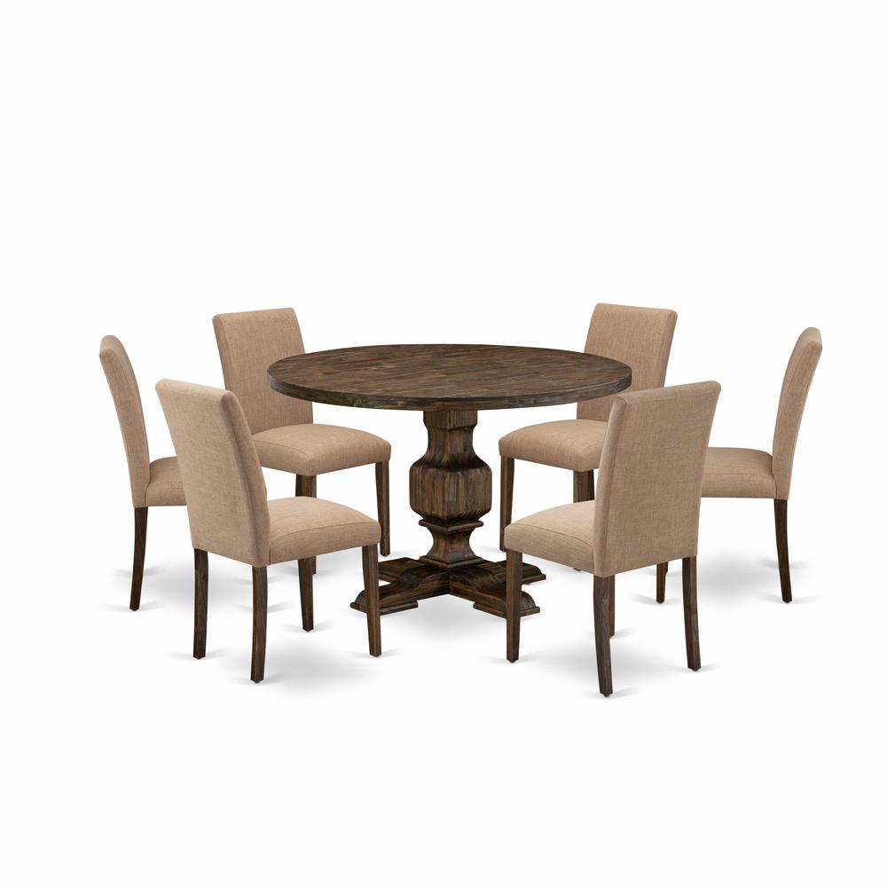 East West Furniture 7 Piece Table Set Includes a Dining Room Table and 6 Light Sable Linen Fabric Mid Century Modern Chairs with High Back - Distressed Jacobean Finish. Picture 2