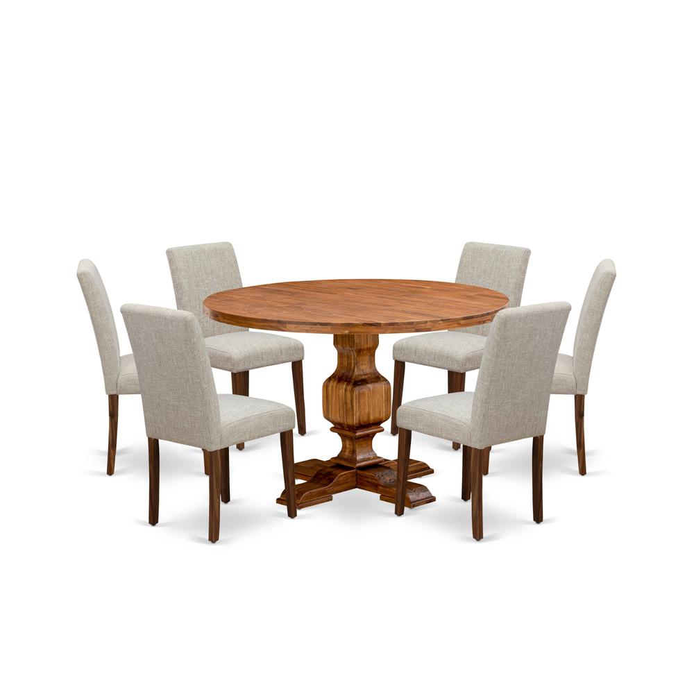 East West Furniture 7-Piece Modern Dining Set - Dinner Table and 6 Doeskin Color Parson Chairs with High Back - Antique Walnut Finish. Picture 2
