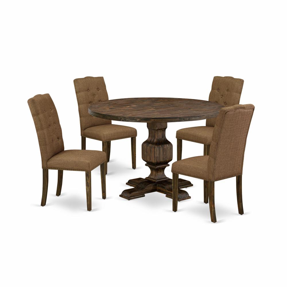 East West Furniture 5 Piece Modern Dining Set Consists of a Kitchen Table and 4 Brown Linen Fabric Parson Chairs with Button Tufted Back - Distressed Jacobean Finish. Picture 2