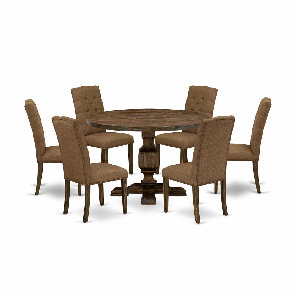 East West Furniture 7 Piece Dining Set Includes a Dining Room Table and 6 Brown Linen Fabric Upholstered Dining Chairs with Button Tufted Back - Distressed Jacobean Finish. Picture 2