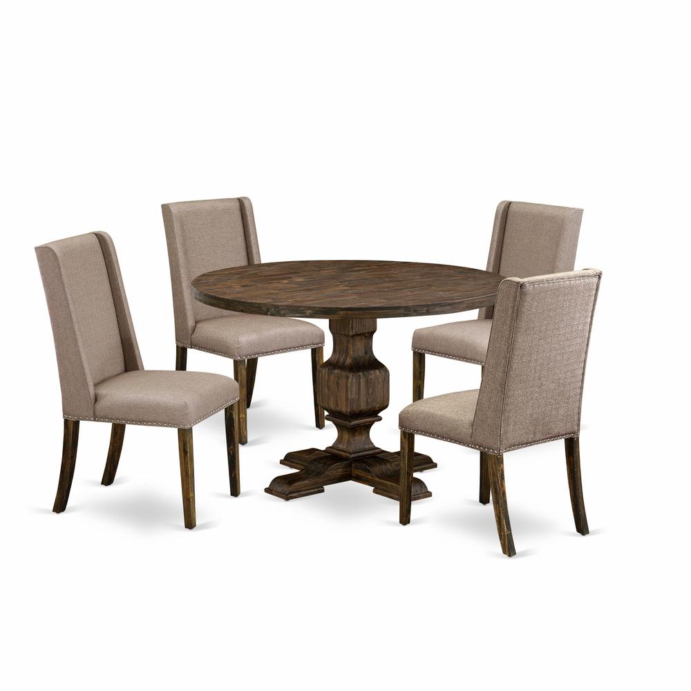 East West Furniture 5 Piece Dining Set Consists of a Mid Century Dining Table and 4 Dark Khaki Linen Fabric Dining Chairs with High Back - Distressed Jacobean Finish. Picture 2