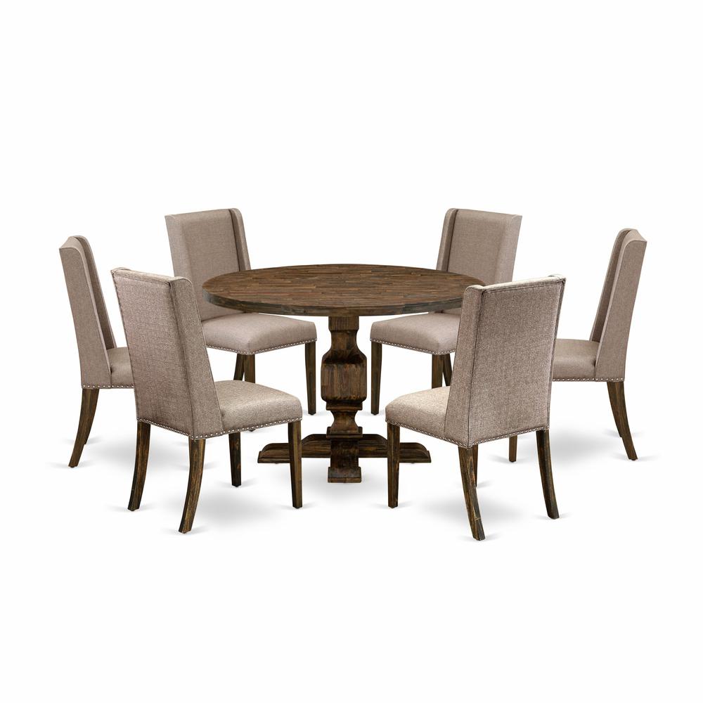 East West Furniture 7 Piece Dining Set Consists of a Wooden Table and 6 Dark Khaki Linen Fabric Upholstered Chairs with High Back - Distressed Jacobean Finish. Picture 2