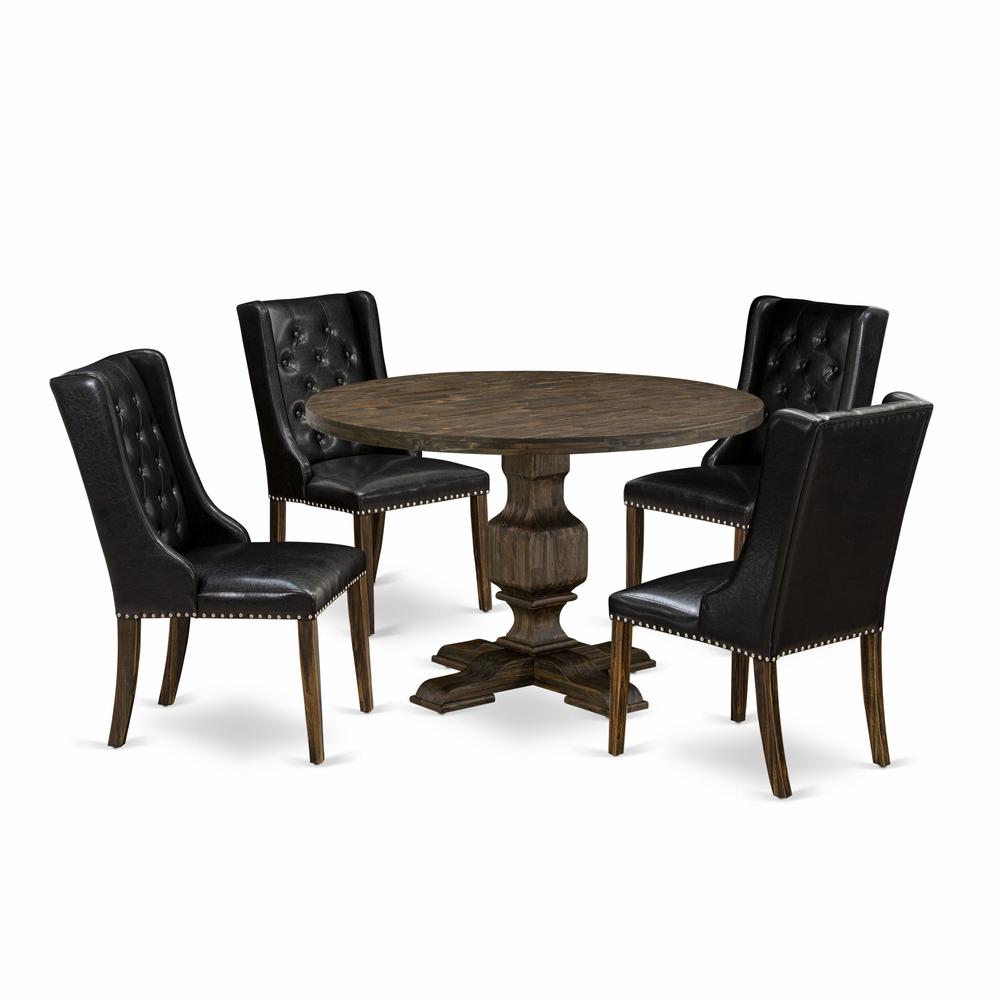 East West Furniture 5 Piece Dining Room Table Set Contains a Wooden Table and 4 Black PU Leather Mid Century Modern Dining Chairs with Button Tufted Back - Distressed Jacobean Finish. Picture 2