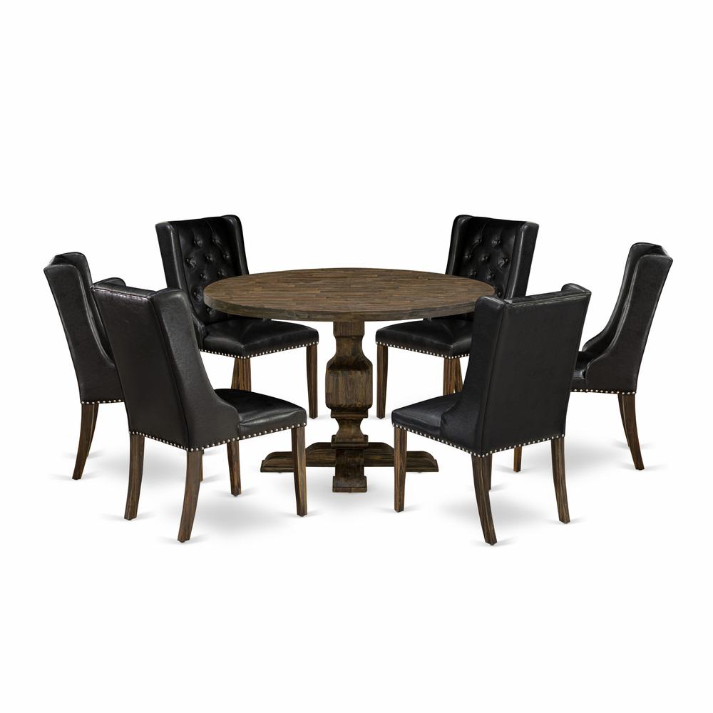 East West Furniture 7 Piece Dining Room Set Includes a Mid Century Modern Dining Table and 6 Black PU Leather Dining Chairs with Button Tufted Back - Distressed Jacobean Finish. Picture 2