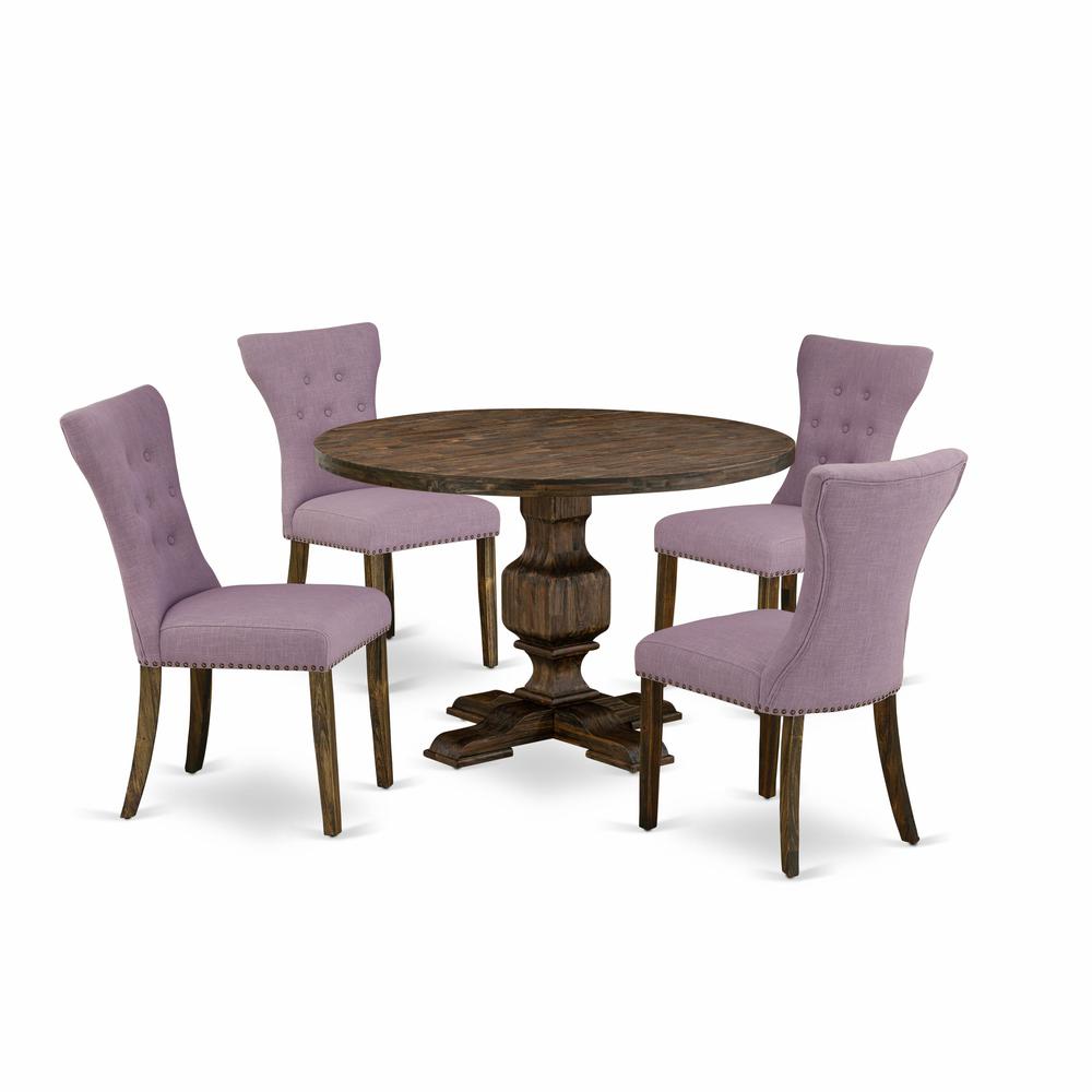 East West Furniture 5 Piece Dining Room Table Set Includes a Dining Room Table and 4 Dahlia Linen Fabric Dining Room Chairs with Button Tufted Back - Distressed Jacobean Finish. Picture 2