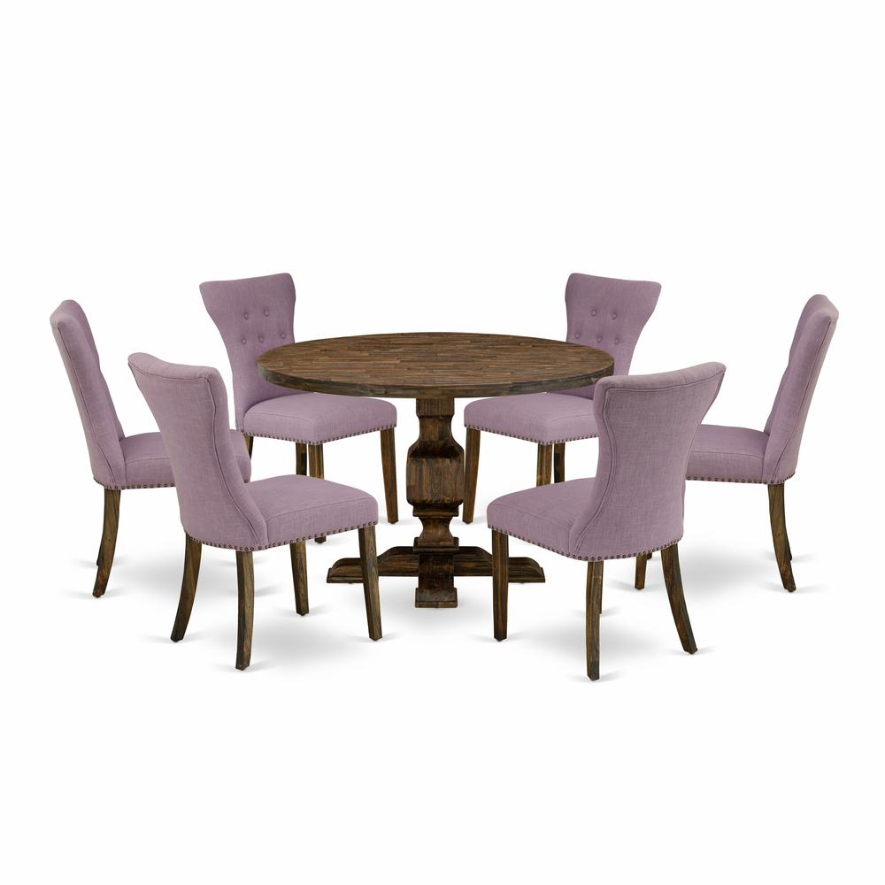 East West Furniture 7 Piece Table Set Consists of a Kitchen Table and 6 Dahlia Linen Fabric Dining Chairs with Button Tufted Back - Distressed Jacobean Finish. Picture 2