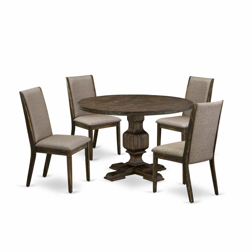 East West Furniture 5 Piece Modern Dining Set Contains a Dinner Table and 4 Dark Khaki Linen Fabric Modern Dining Chairs with High Back - Distressed Jacobean Finish. Picture 2