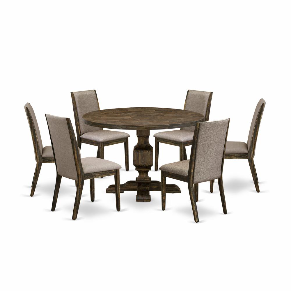East West Furniture 7 Piece Modern Dining Table Set Contains a Mid Century Dining Table and 6 Dark Khaki Linen Fabric Mid Century Chairs with High Back - Distressed Jacobean Finish. Picture 2