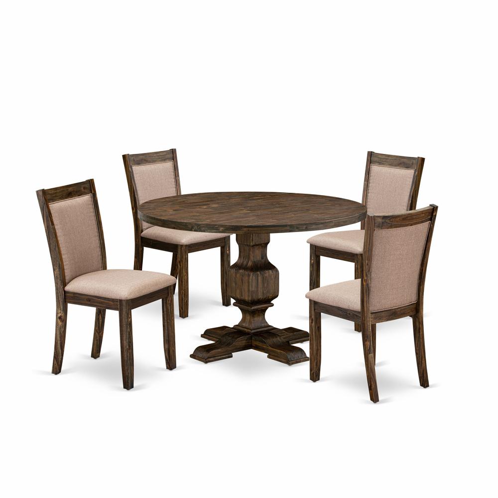 East West Furniture 5 Piece Dining Room Set Includes a Mid Century Dining Table and 4 Dark Khaki Linen Fabric Kitchen Chairs with High Back - Distressed Jacobean Finish. Picture 2