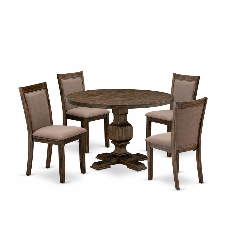 East West Furniture 5-Pc Dining Set - Round Dining Table and 4 Coffee Color Parson Wooden Chairs with High Back - Distressed Jacobean Finish. Picture 2
