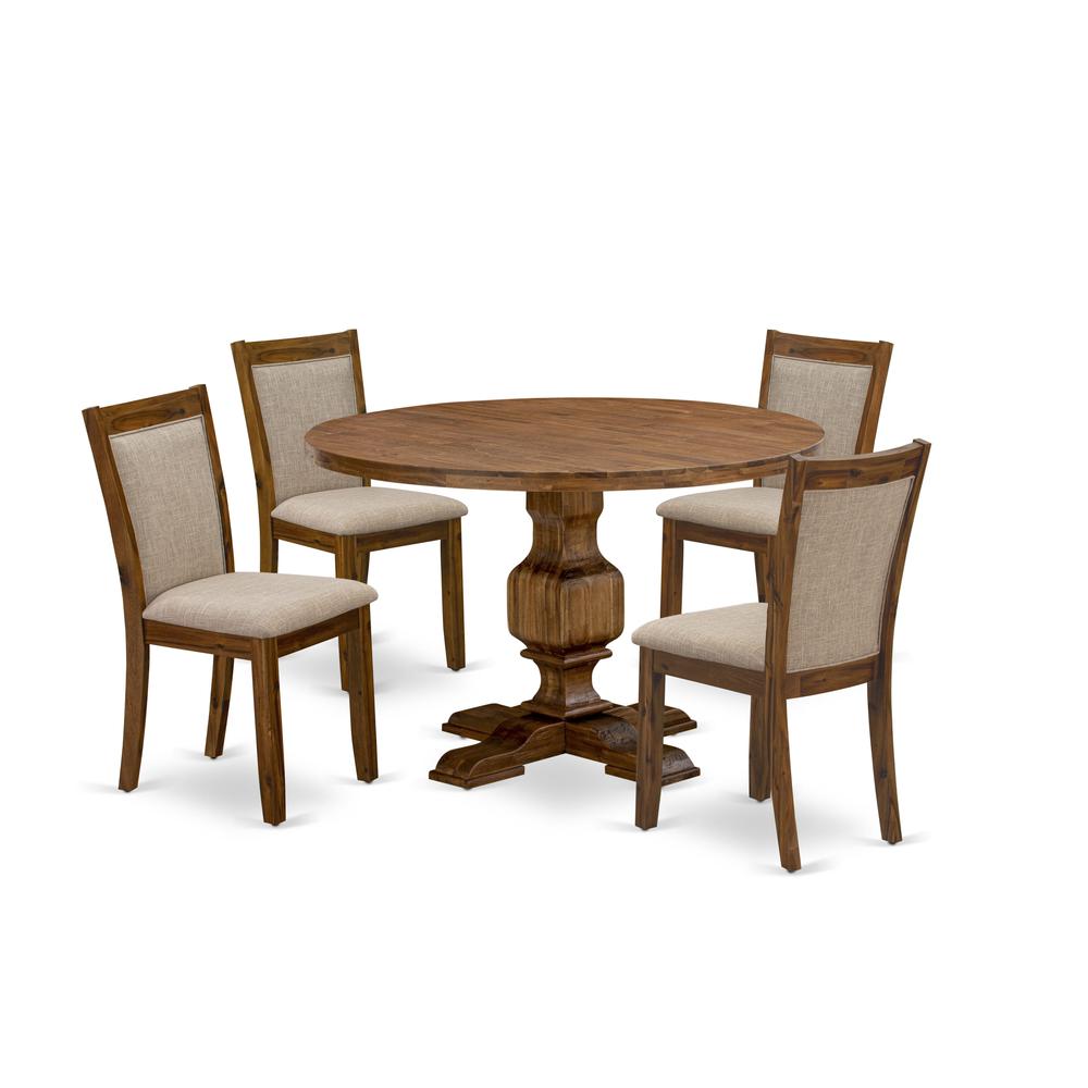 East West Furniture 5-Pc Dinner Table Set - Round Kitchen Table and 4 Light Tan Color Parson Chairs with High Back - Antique Walnut Finish. Picture 2