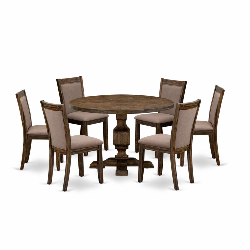 East West Furniture 7-Piece Modern Dining Set - Wooden Table and 6 Coffee Color Parson Wood Dining Chairs with High Back - Distressed Jacobean Finish. Picture 2