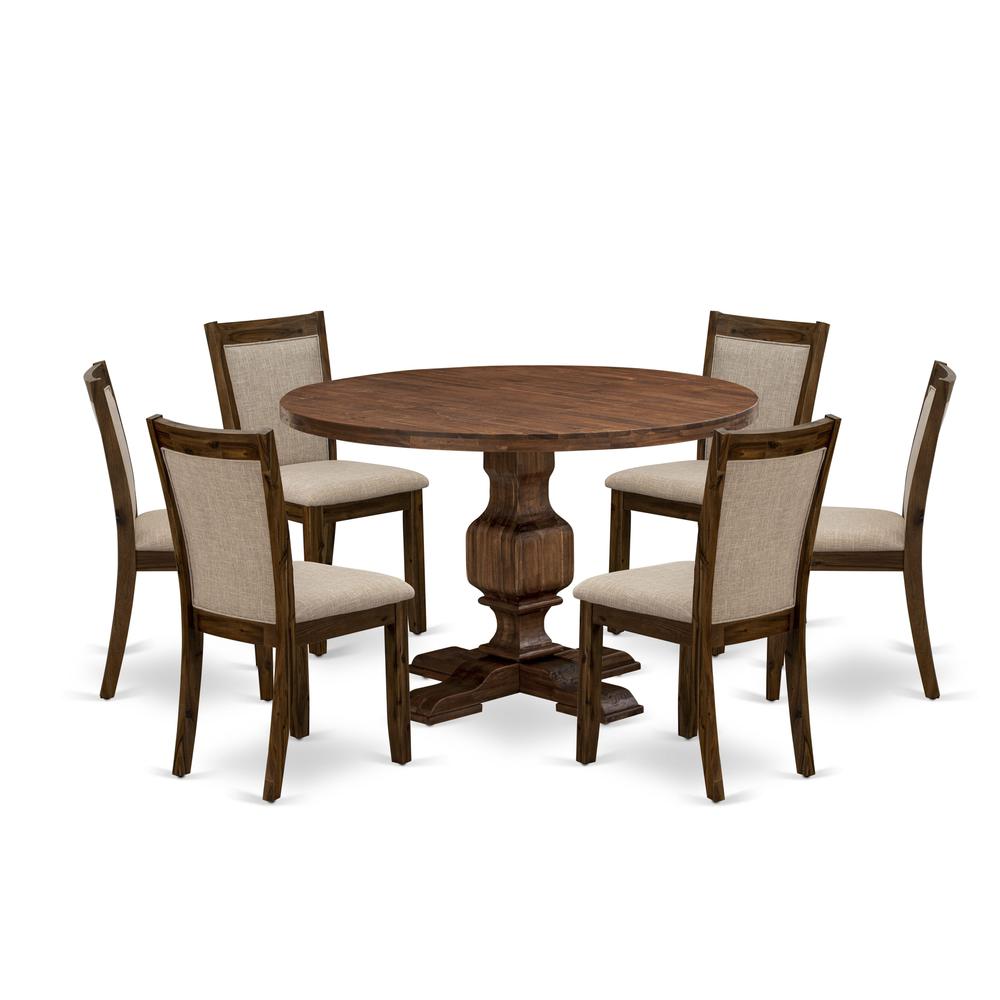 East West Furniture 7-Piece Dining Room Set - Round Wood Dining Table and 6 Light Tan Color Parson Chairs with High Back - Antique Walnut Finish. Picture 2