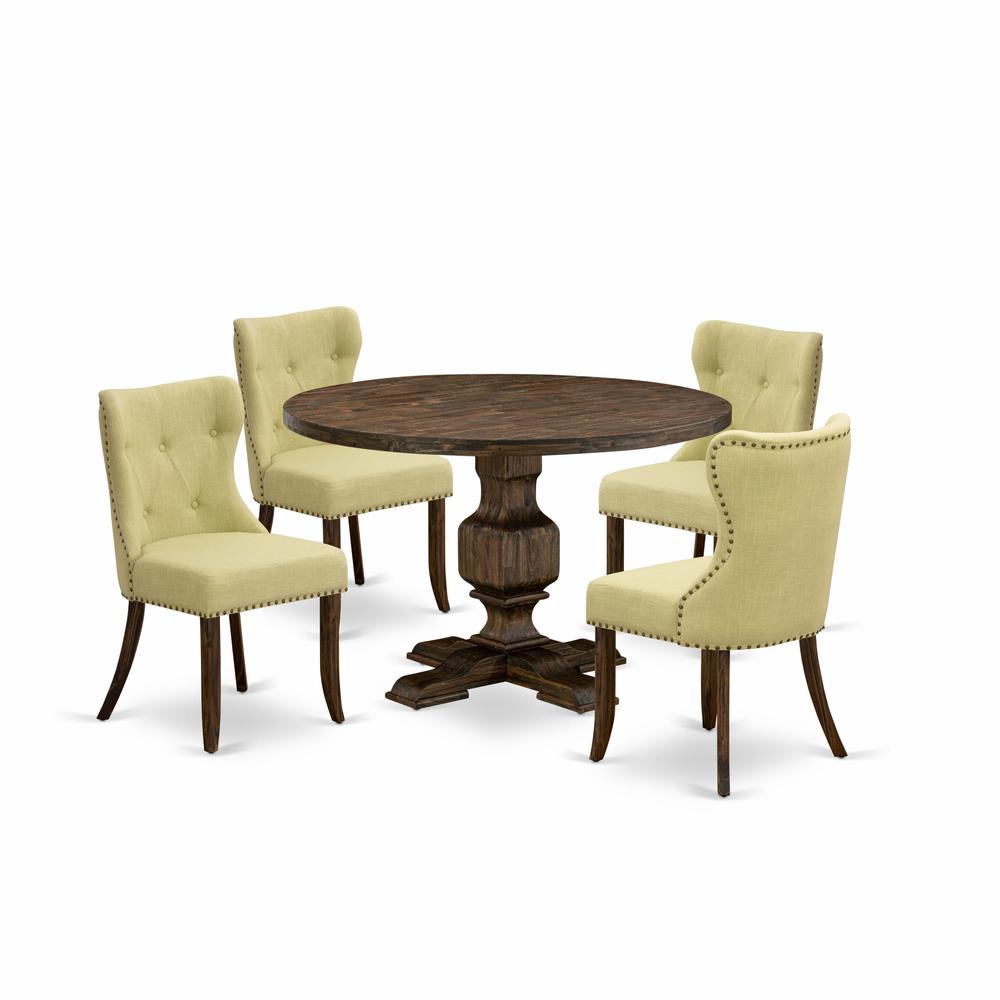 East West Furniture 5-Pc Modern Dining Table Set - Dining Table and 4 Limelight Color Parson Modern Chairs with Button Tufted Back - Distressed Jacobean Finish. Picture 2