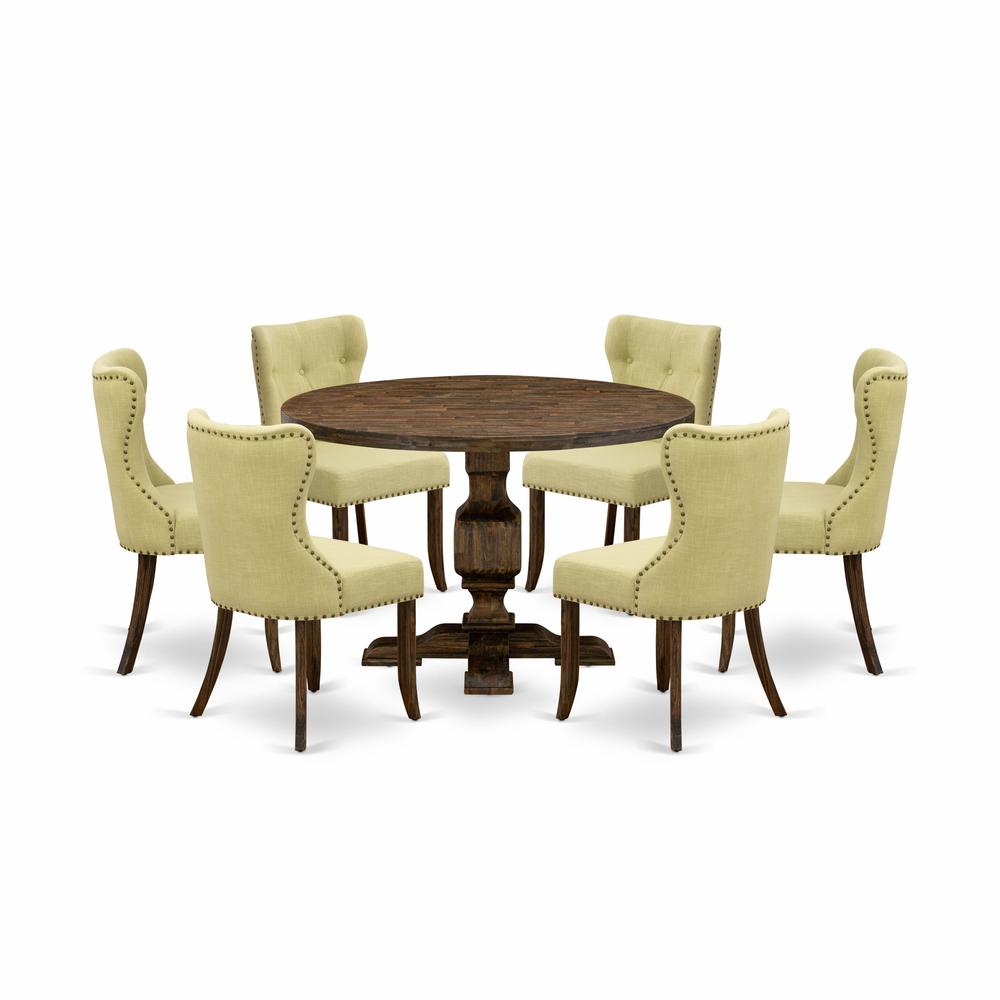 East West Furniture 7-Piece Dining Table Set - Modern Dining Table and 6 Limelight Color Parson Dining Room Chairs with Button Tufted Back - Distressed Jacobean Finish. Picture 2