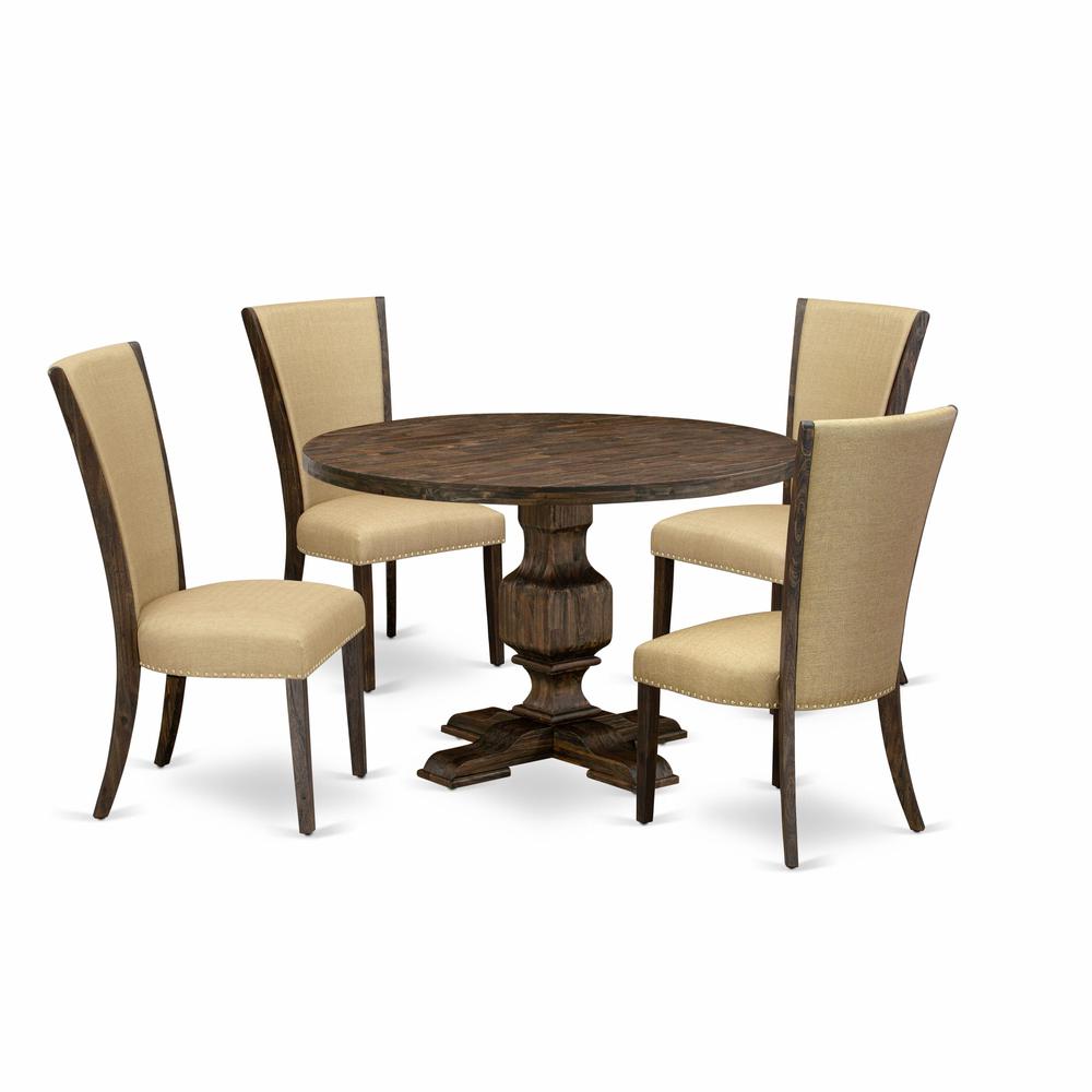 East West Furniture 5-Piece Modern Dining Set - Dining Table and 4 Brown Color Parson Padded Chairs with High Back - Distressed Jacobean Finish. Picture 2