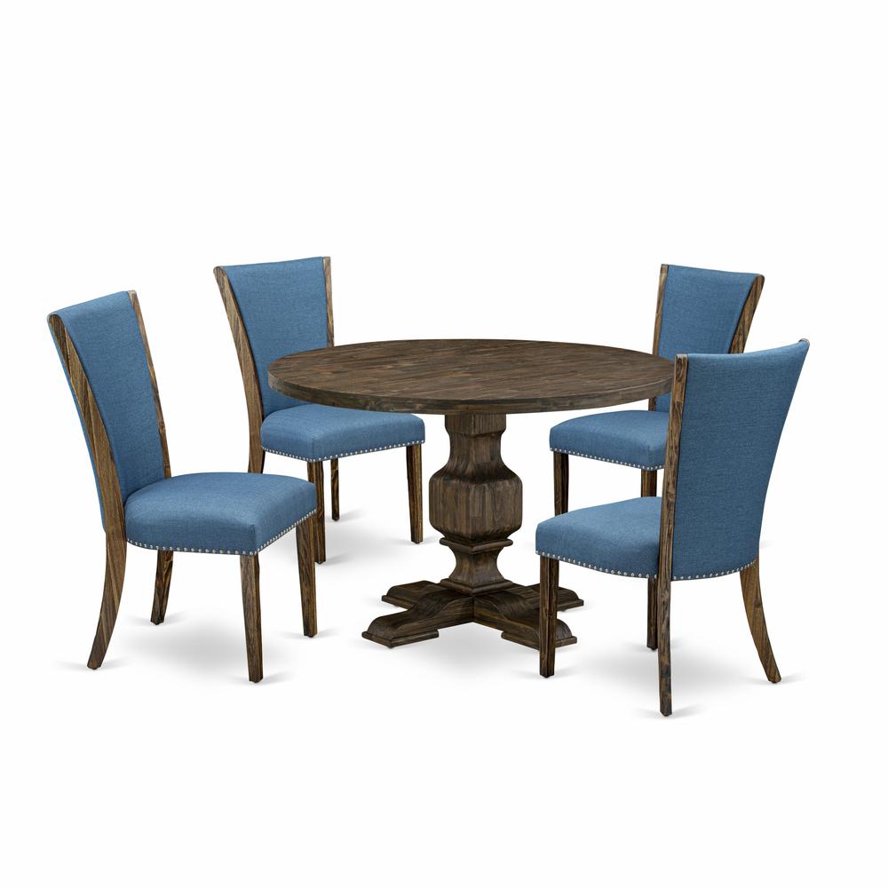 East West Furniture 5-Pc Kitchen Dining Table Set - Round Modern Dining Table and 4 Blue Color Parson Wood Dining Chairs with High Back - Distressed Jacobean Finish. Picture 2