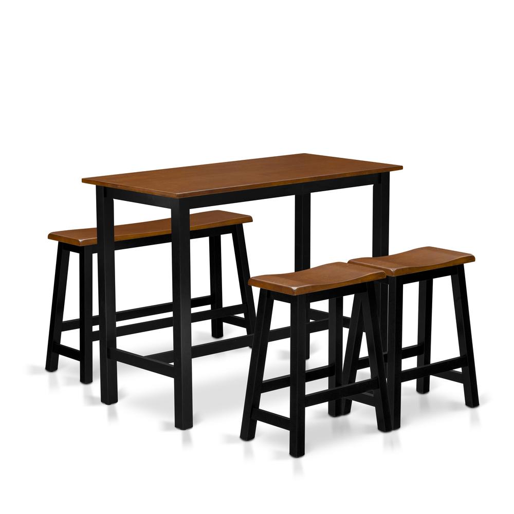 East West Furniture 4 Piece Kitchen Dining Table Set Contains a Dining Room Table, 2 Stools with a Dining Table Bench - Black & Cherry Finish. Picture 2