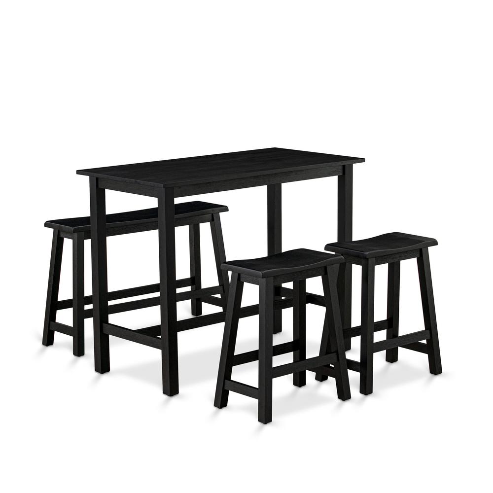 East West Furniture 4 Piece Dining Room Table Sets Includes a Wood Dining Table, 2 Kitchen Stools with a Mid Century Modern Bench - Wire brushed Black Finish. Picture 2