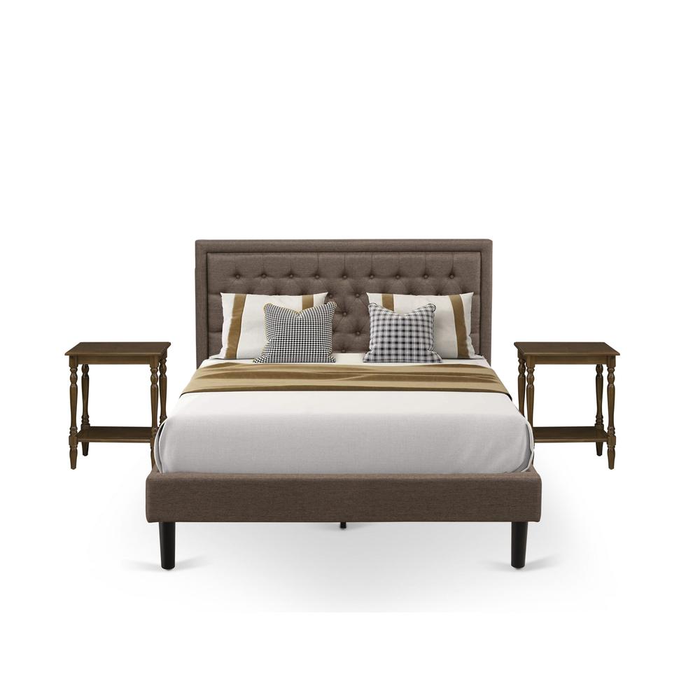 KD18Q-2BF08 3 Pc Bed Set - Platform Bed Brown Headboard with 2 Mid Century Nightstand - Black Finish Legs. Picture 2