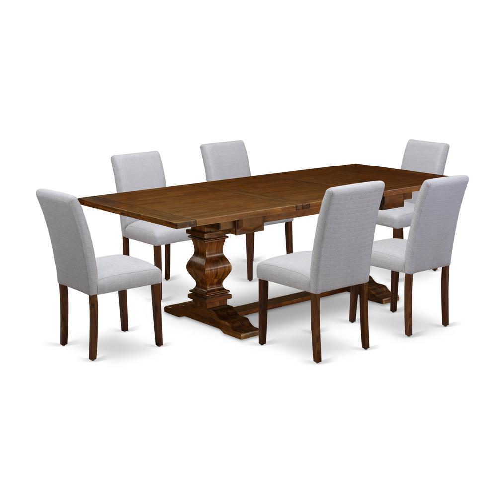 East West Furniture LAAB7-88-05 7Pc Wood Dining Table Set Includes a Wood Table and 6 Upholstered Dining Chairs with Grey Color Linen Fabric, Medium Size Table with Full Back Chairs, Antique Walnut Fi. Picture 1