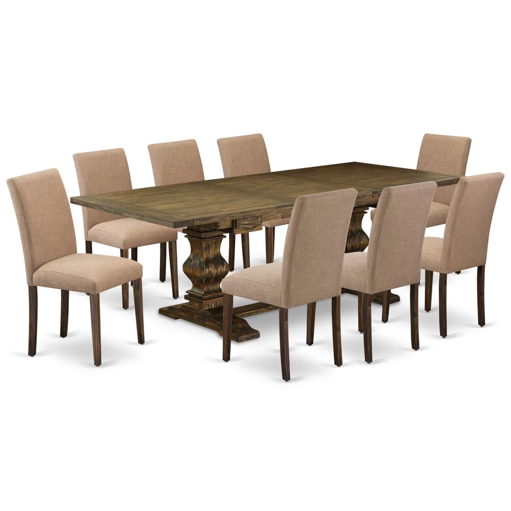 East West Furniture 7-Piece Mid Century Modern Dining Table Set-A Kitchen Table and 6Linen FabricDining Room Chairs with High Back - Distressed Jacobean Finish. Picture 2