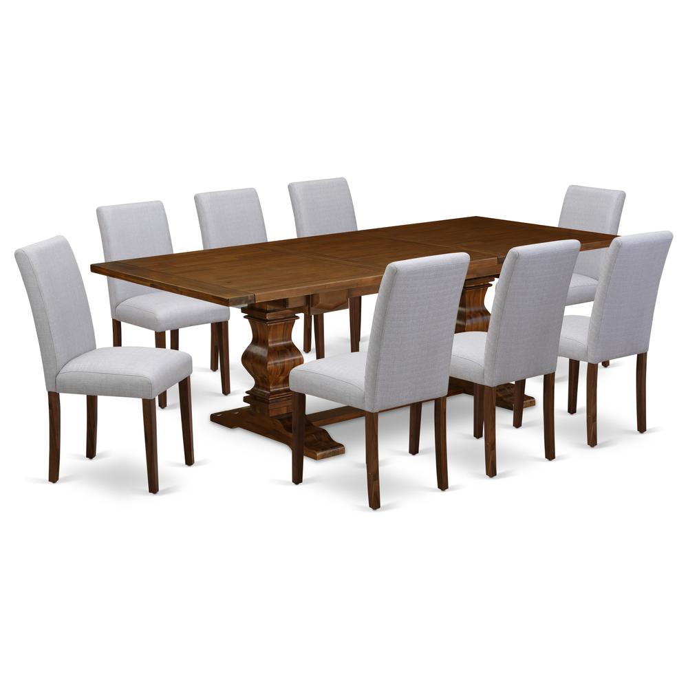 East West Furniture LAAB9-88-05 9Pc Dining Table Set Consists of a Dinette Table and 8 Parson Dining Chairs with Light Sable Color Linen Fabric, Medium Size Table with Full Back Chairs, Distressed Jac. Picture 1