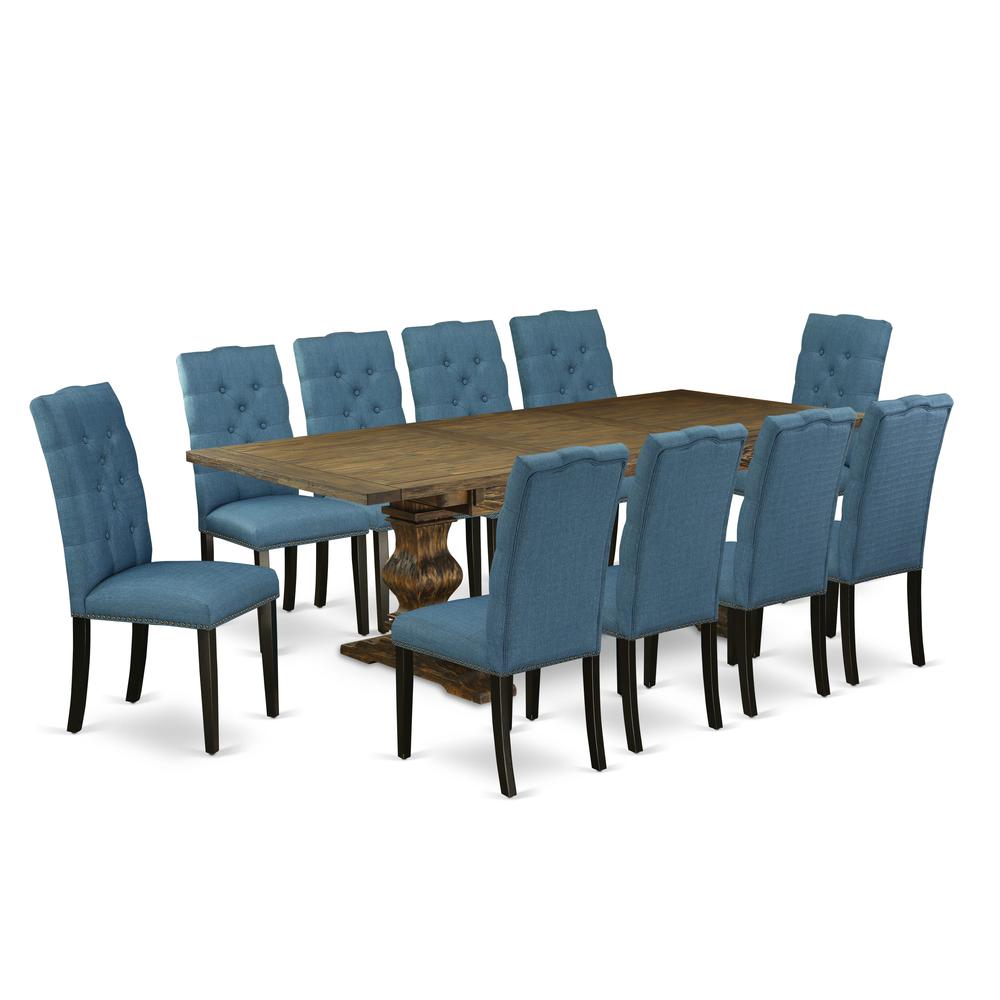 East West Furniture 11-Piece Mid Century Modern Dining Set Contains a Dining Table and 10 Mineral Blue Linen Fabric Dining Chairs with Button Tufted Back - Distressed Jacobean Finish. Picture 2