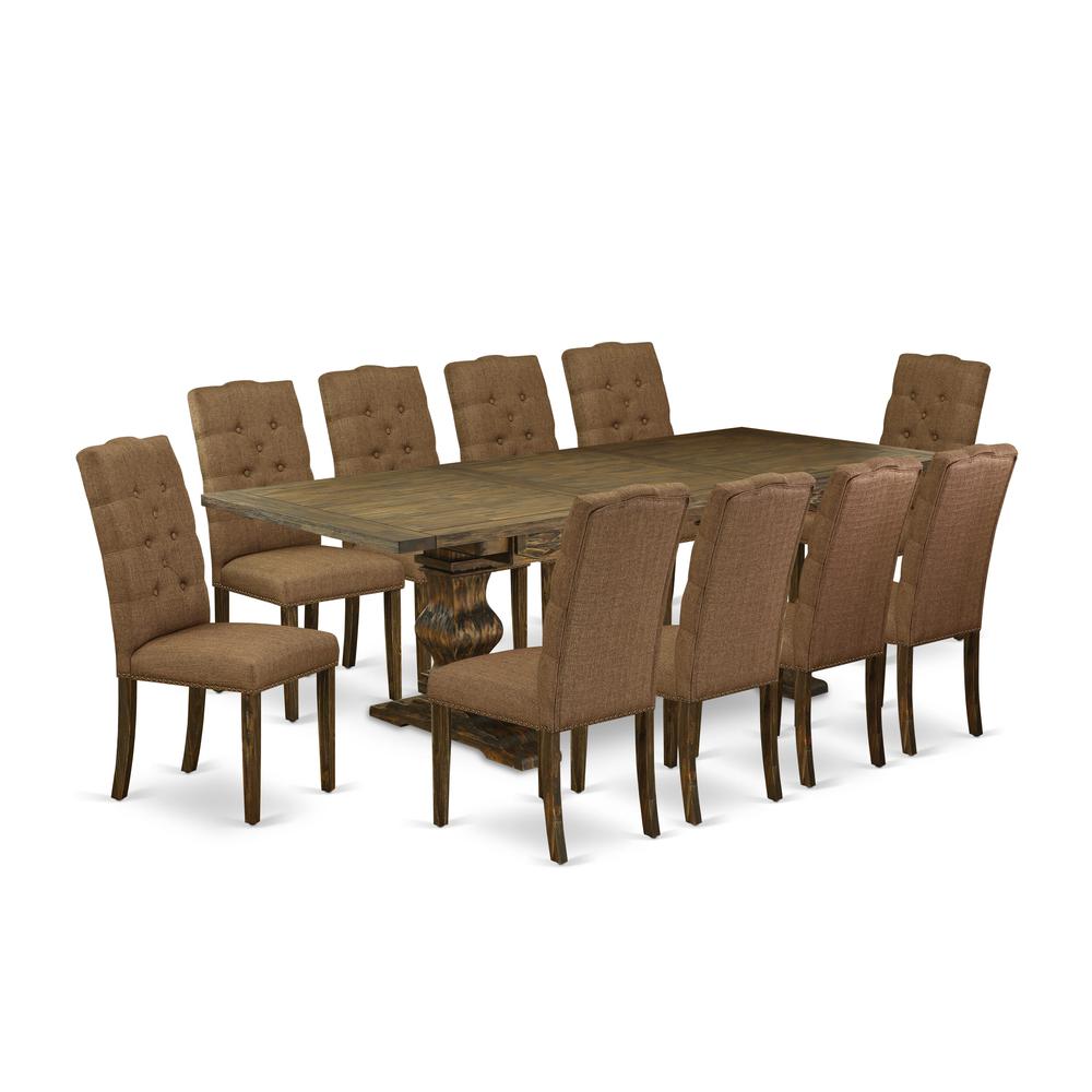 East West Furniture 11-Piece Dining Table Set Includes a Dining Room Table and 10 Brown Linen Fabric Upholstered Chairs with Button Tufted Back - Distressed Jacobean Finish. Picture 2