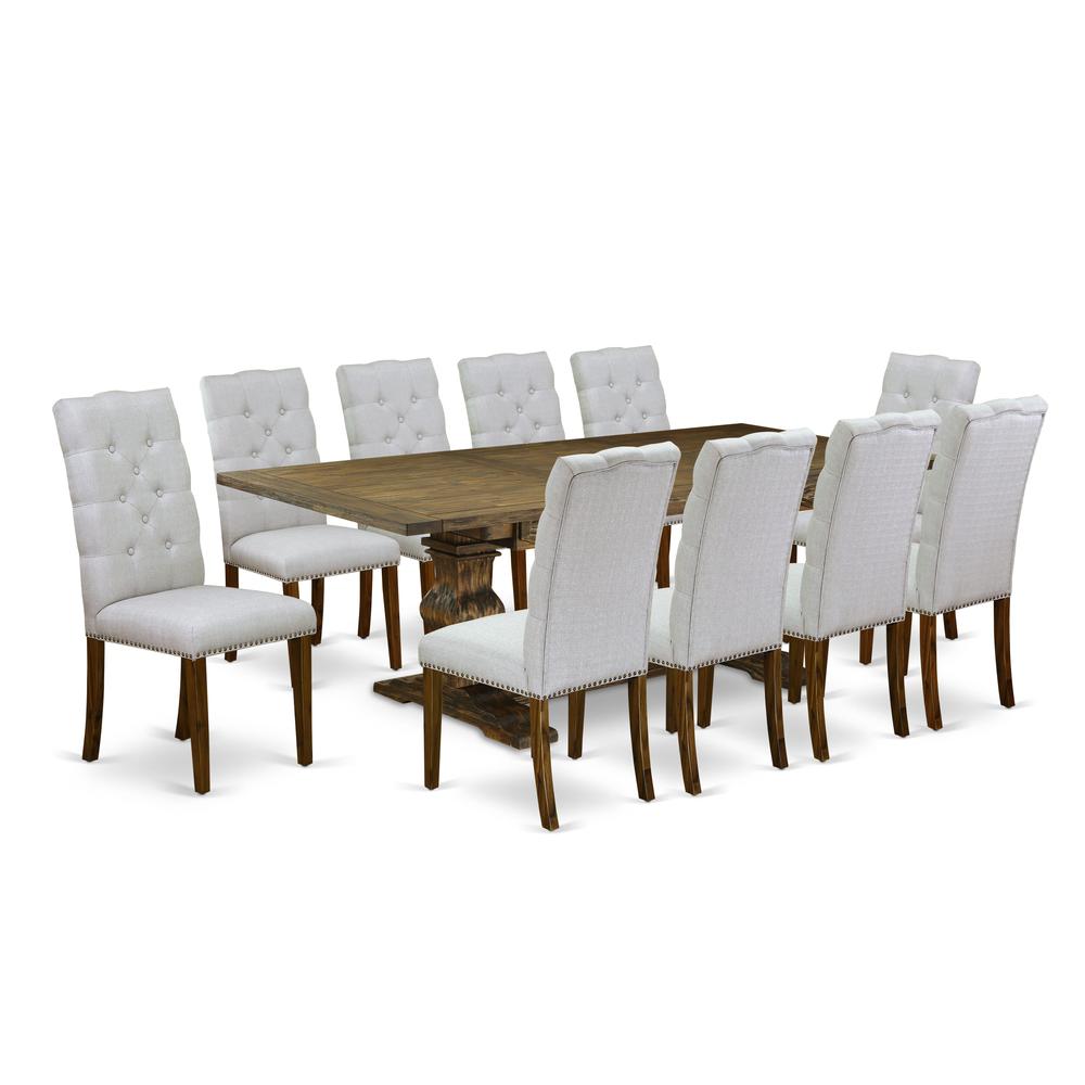 East West Furniture 11-Piece Dining Table Set Includes a Rectangular Dining Table and 10 Grey Linen Fabric Parson Chairs with Button Tufted Back - Distressed Jacobean Finish. Picture 2