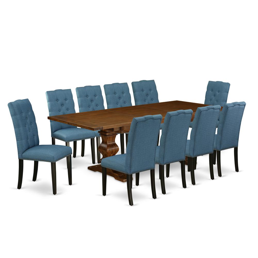 East West Furniture 11-Pieces Kitchen Table Set - A Butterfly Leaf Double Pedestal Dinner Table and 10 Blue Linen Fabric Dining Chairs with Button Tufted Back - Antique Walnut Finish. Picture 2