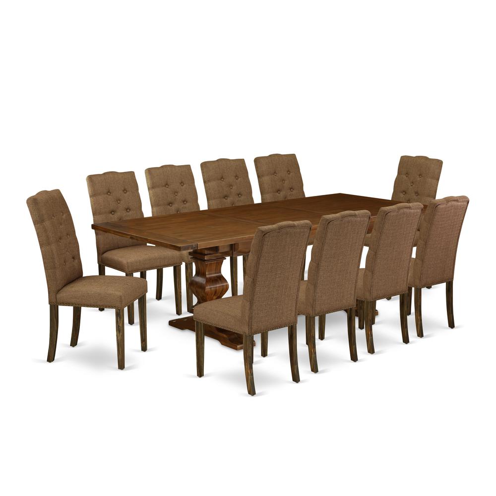 East West Furniture 11-Pc Dining Set - A Butterfly Leaf Double Pedestal Wooden Dining Table and 10 Brown Linen Fabric Dining Chairs with Button Tufted Back - Antique Walnut Finish. Picture 2