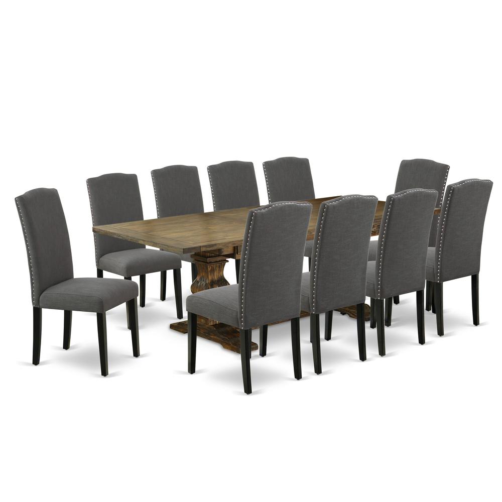 East West Furniture 11-Pc Mid Century Dining Set Includes a Wooden Table and 10 Dark Gotham Grey Linen Fabric Upholstered Chairs with High Back - Distressed Jacobean Finish. Picture 2