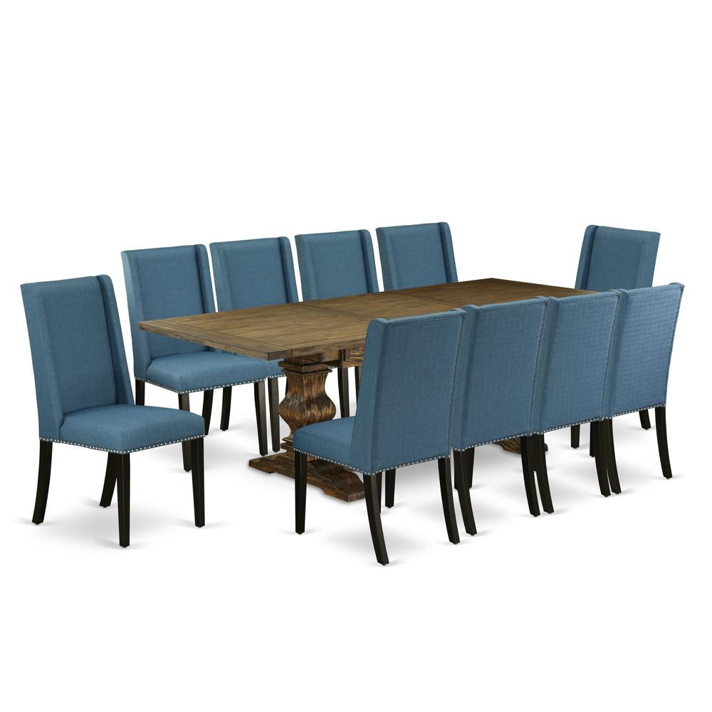 East West Furniture 11-Piece Modern Dining Table Set Includes a Dining Table and 10 Mineral Blue Linen Fabric Parson Dining Chairs with High Back - Distressed Jacobean Finish. Picture 1